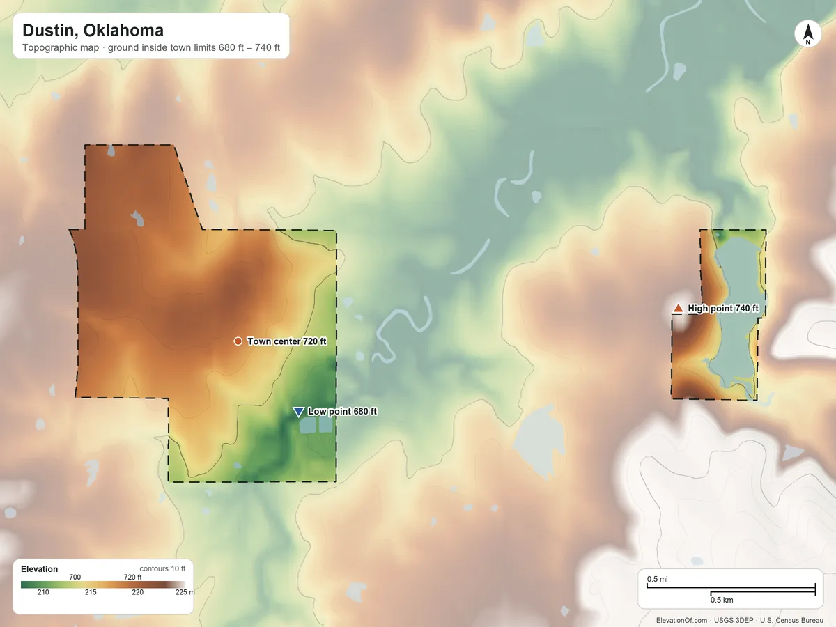 Topographic elevation map of Dustin, Oklahoma, shaded from 680 ft on the southeast side to 740 ft on the east side