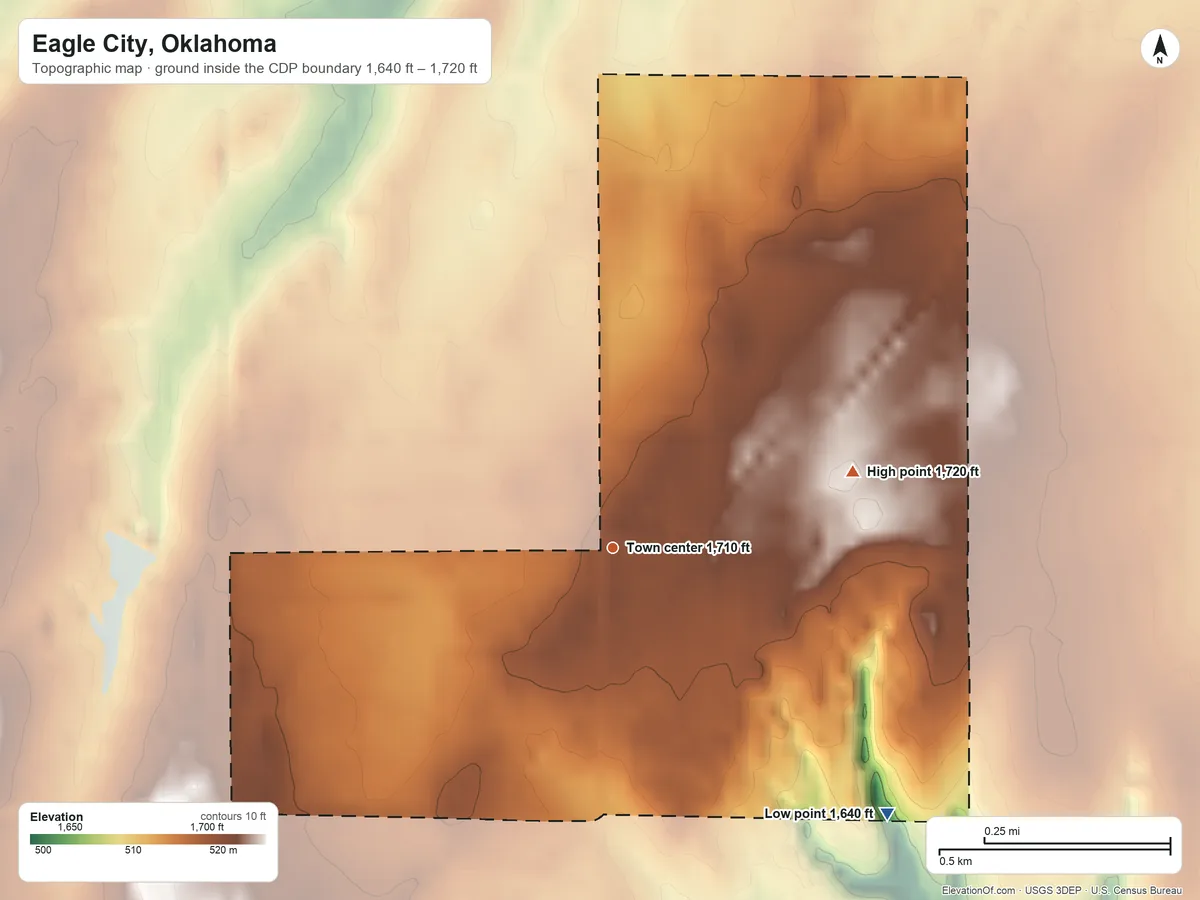 Topographic elevation map of Eagle City, Oklahoma, shaded from 1,640 ft on the southeast side to 1,720 ft on the east side