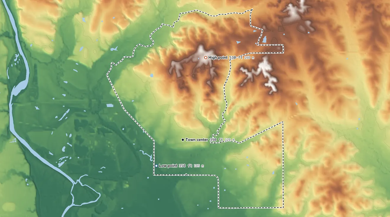 Topographic elevation map of Eagletown, Oklahoma, shaded from 350 ft on the southwest side to 530 ft on the north side