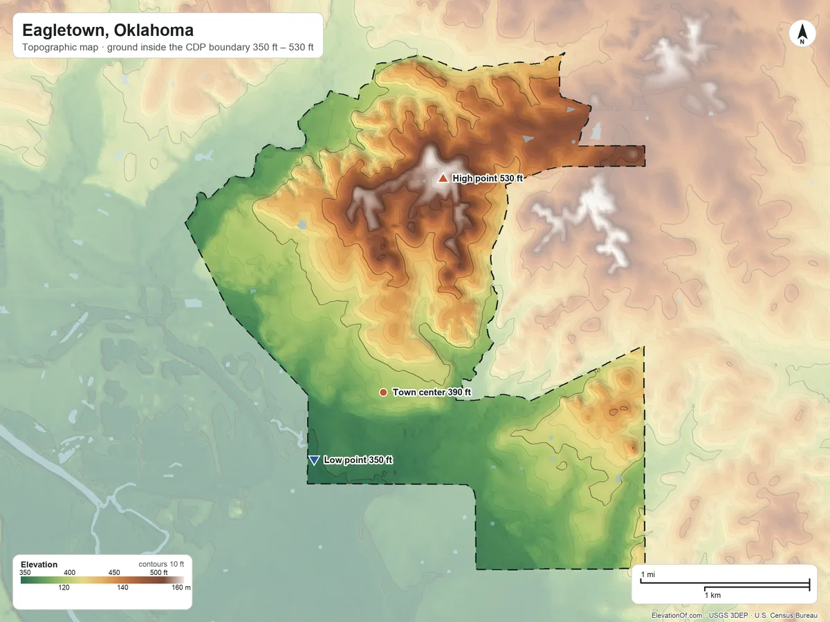 Topographic elevation map of Eagletown, Oklahoma, shaded from 350 ft on the southwest side to 530 ft on the north side