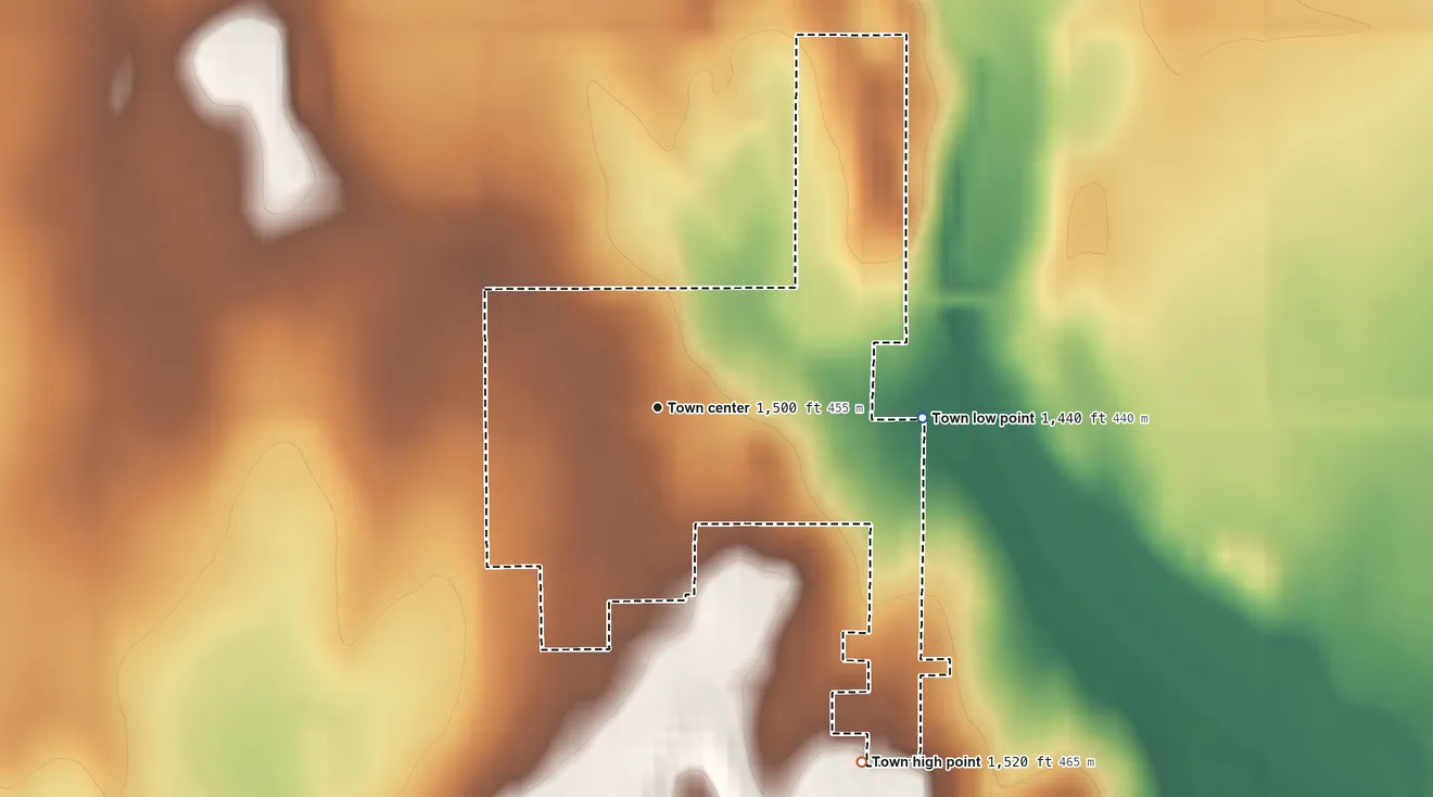 Topographic elevation map of Eakly, Oklahoma, shaded from 1,440 ft on the east side to 1,520 ft on the southeast side