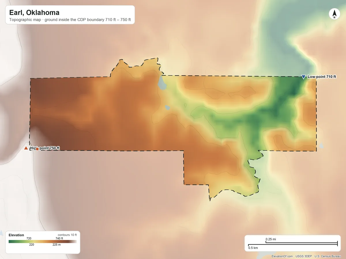 Topographic elevation map of Earl, Oklahoma, shaded from 710 ft on the east side to 750 ft near the middle