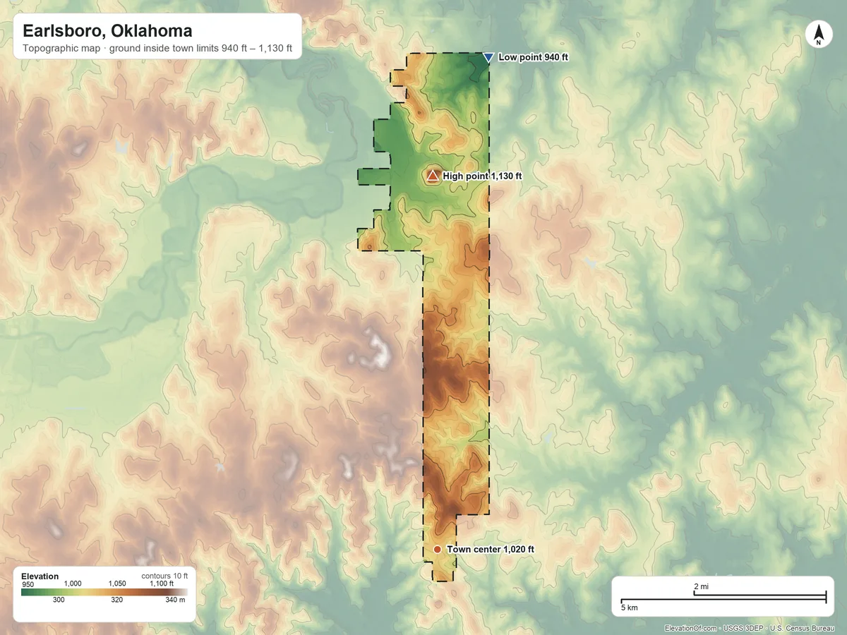 Topographic elevation map of Earlsboro, Oklahoma, shaded from 940 ft on the north side to 1,130 ft on the north side