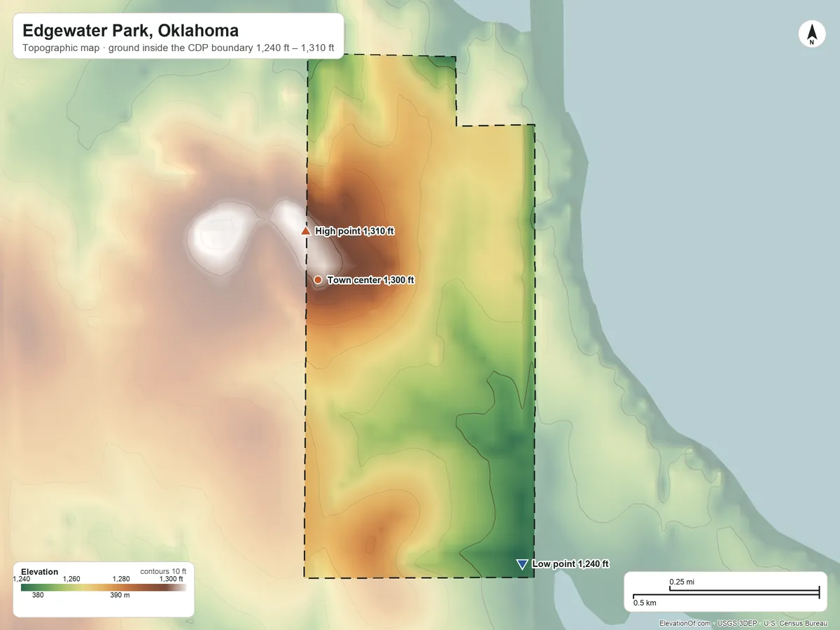 Topographic elevation map of Edgewater Park, Oklahoma, shaded from 1,240 ft on the southeast side to 1,310 ft near the middle