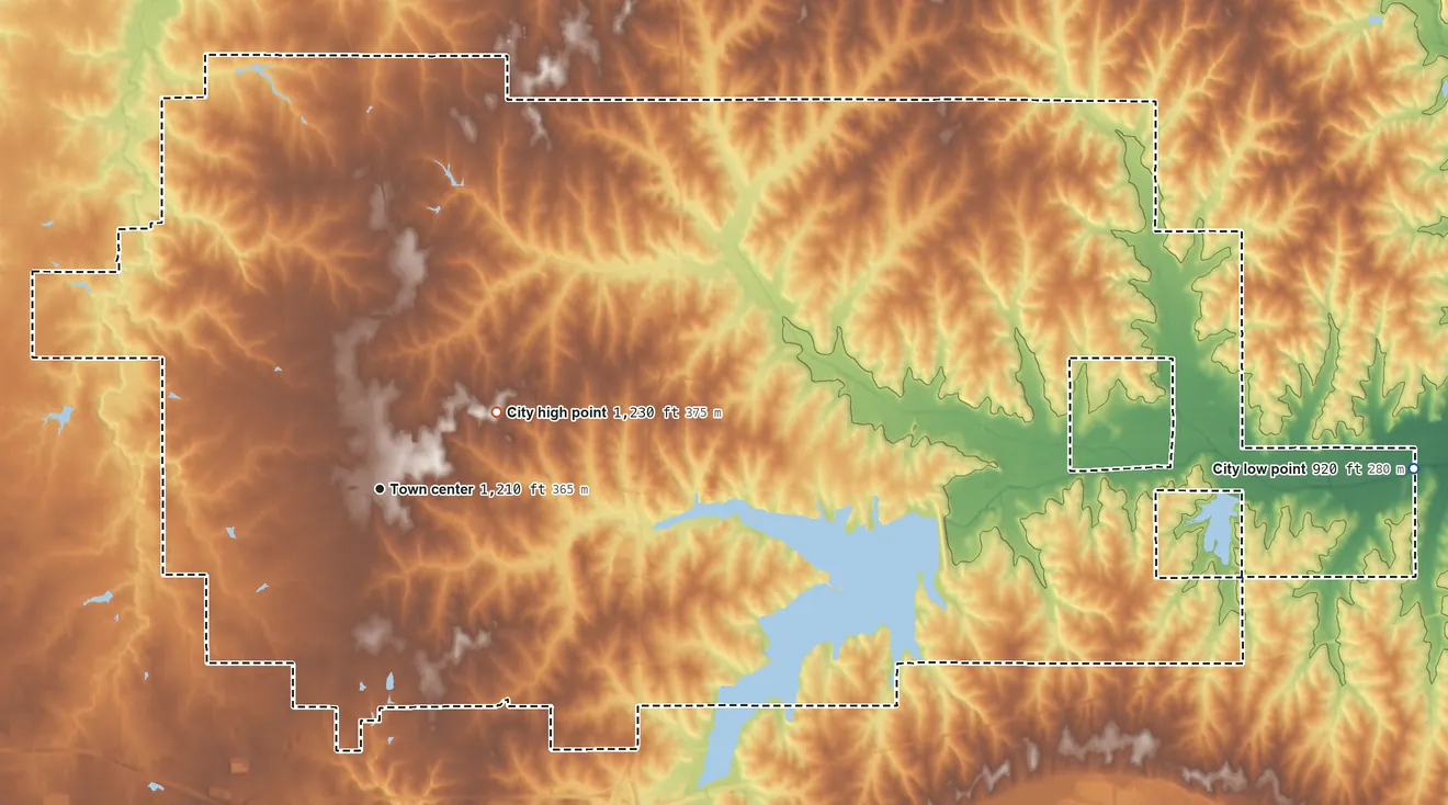 Topographic elevation map of Edmond, Oklahoma, shaded from 920 ft on the east side to 1,230 ft near the middle