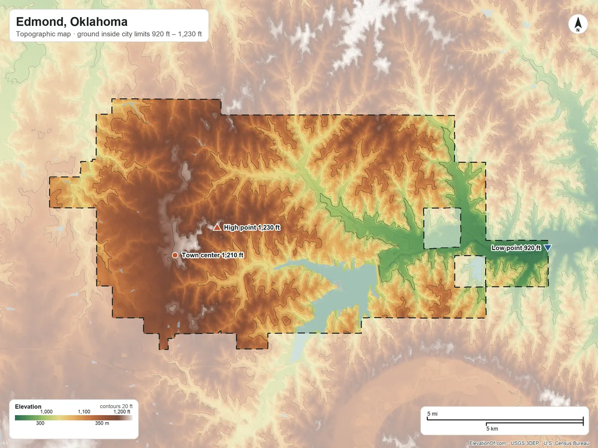 Topographic elevation map of Edmond, Oklahoma, shaded from 920 ft on the east side to 1,230 ft near the middle