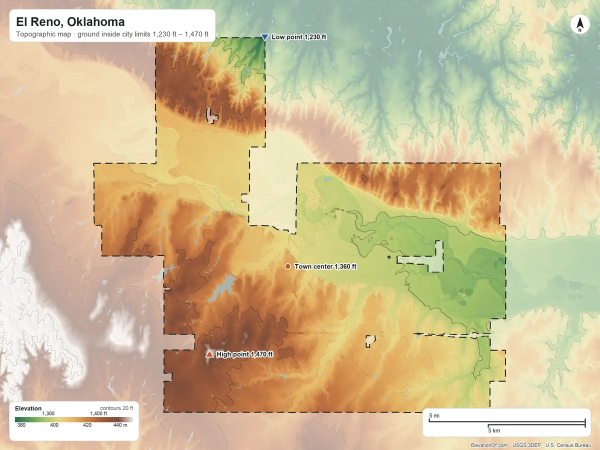 Topographic elevation map of El Reno, Oklahoma, shaded from 1,230 ft on the north side to 1,470 ft on the southwest side