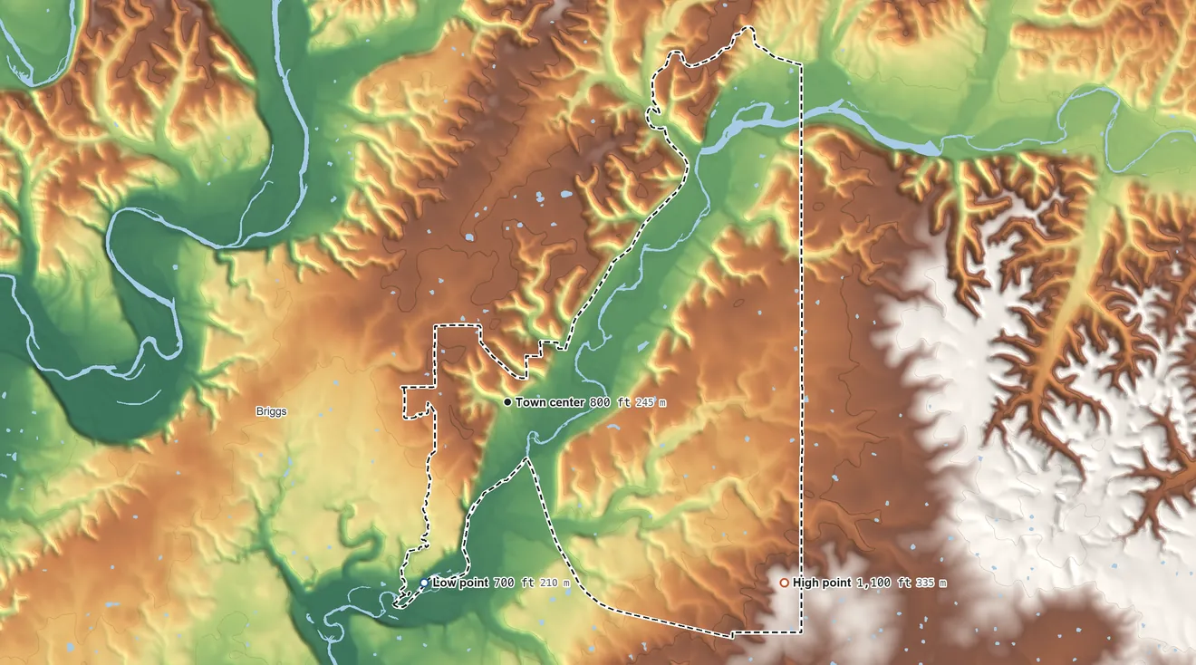 Topographic elevation map of Eldon, Oklahoma, shaded from 700 ft on the southwest side to 1,100 ft on the southeast side