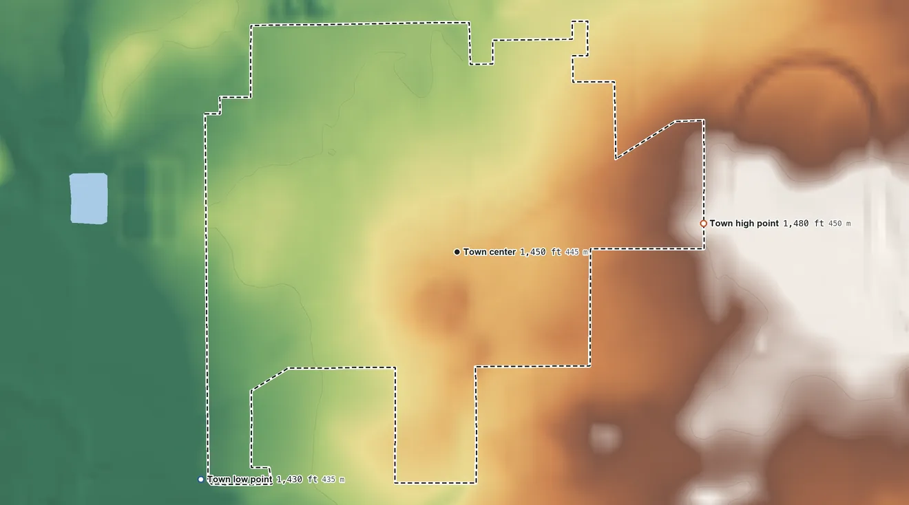Topographic elevation map of Eldorado, Oklahoma, shaded from 1,430 ft on the southwest side to 1,480 ft on the east side
