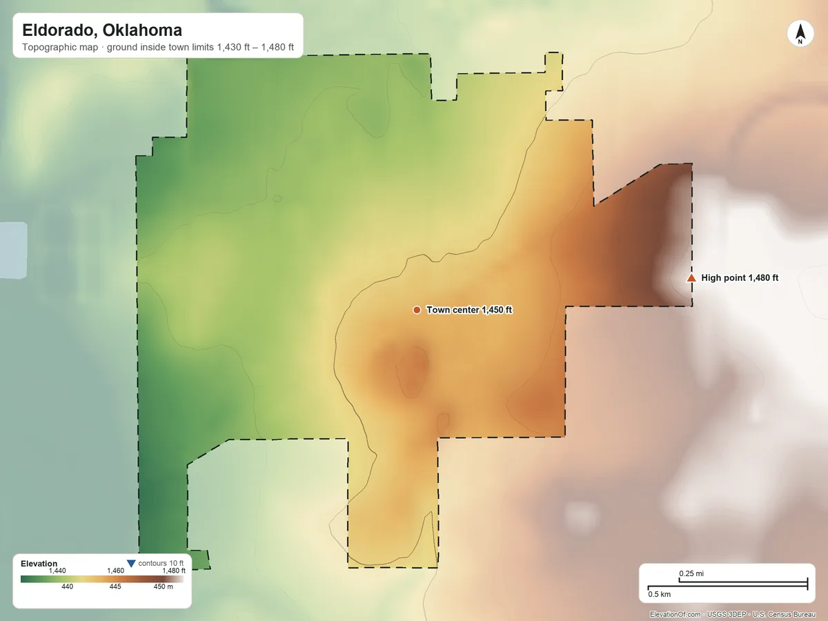Topographic elevation map of Eldorado, Oklahoma, shaded from 1,430 ft on the southwest side to 1,480 ft on the east side
