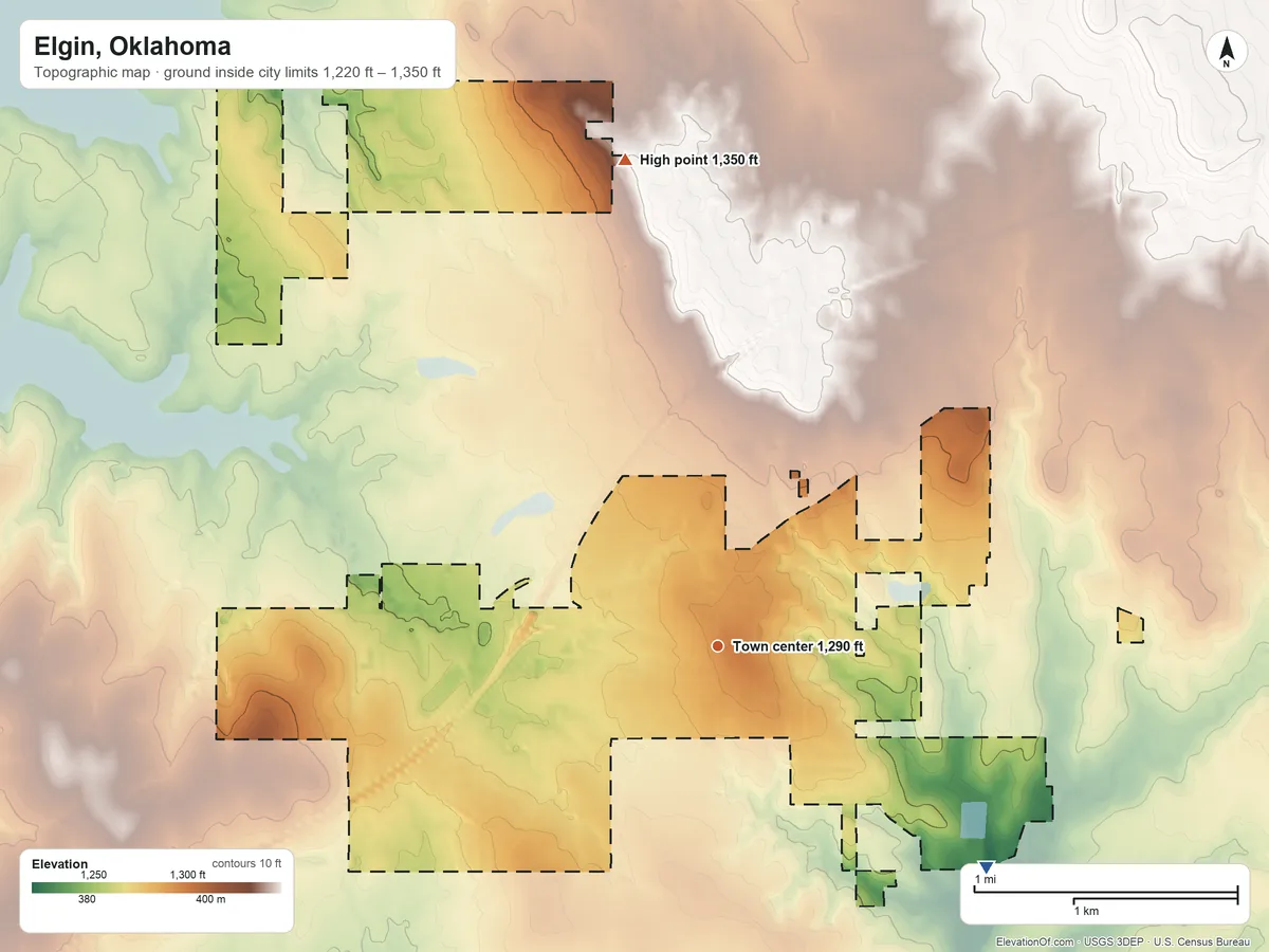 Topographic elevation map of Elgin, Oklahoma, shaded from 1,220 ft on the southeast side to 1,350 ft on the north side