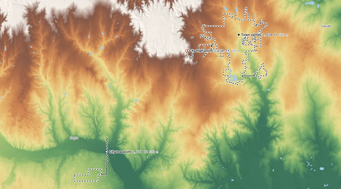 Topographic elevation map of Elk City, Oklahoma, shaded from 1,770 ft on the southwest side to 2,150 ft on the west side
