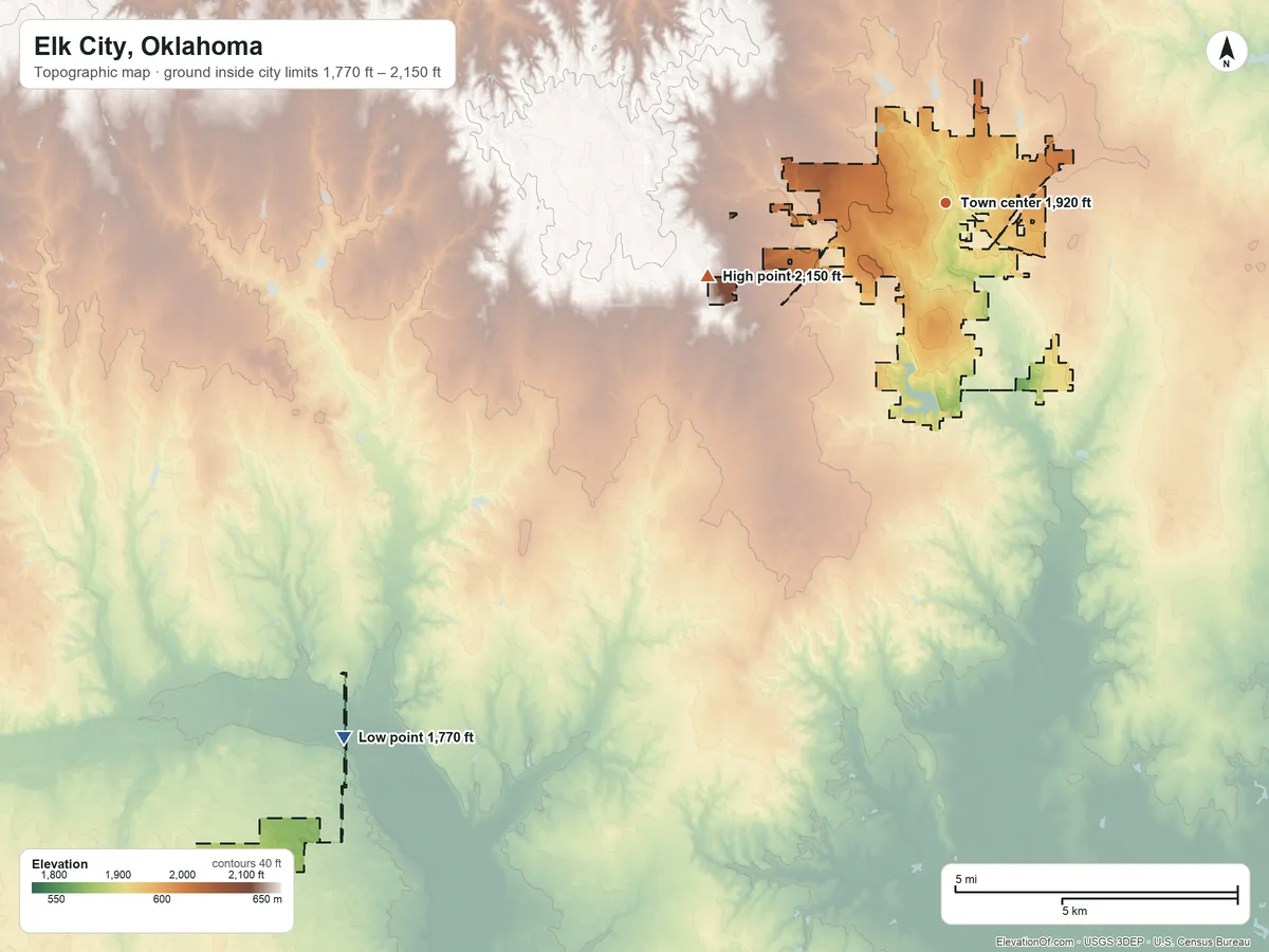Topographic elevation map of Elk City, Oklahoma, shaded from 1,770 ft on the southwest side to 2,150 ft on the west side