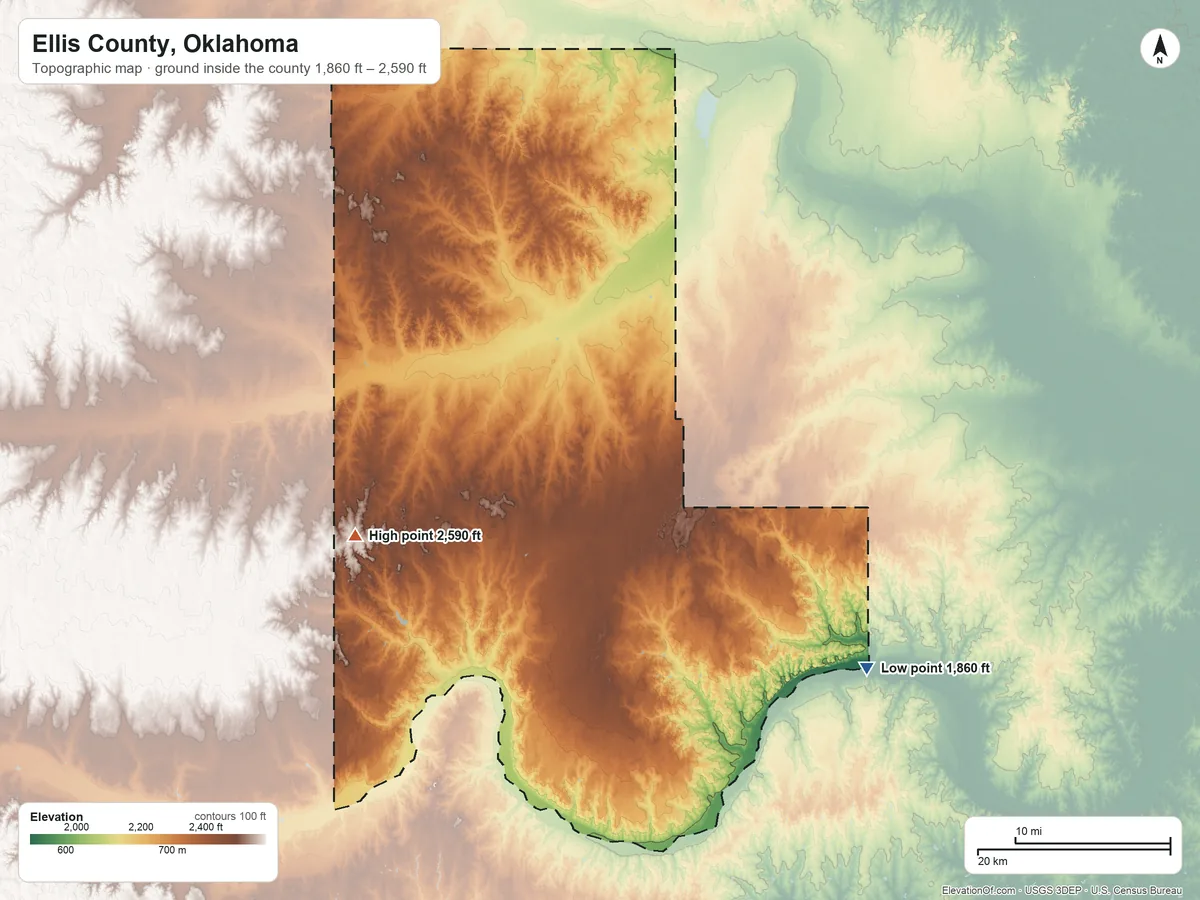 Topographic elevation map of Ellis County, Oklahoma, shaded from 1,860 ft on the southeast side to 2,590 ft on the west side