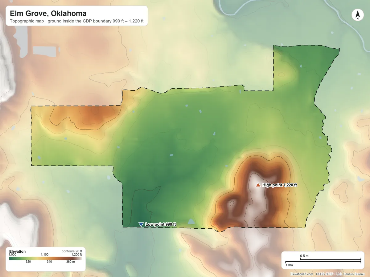 Topographic elevation map of Elm Grove, Oklahoma, shaded from 990 ft on the west side to 1,220 ft near the middle