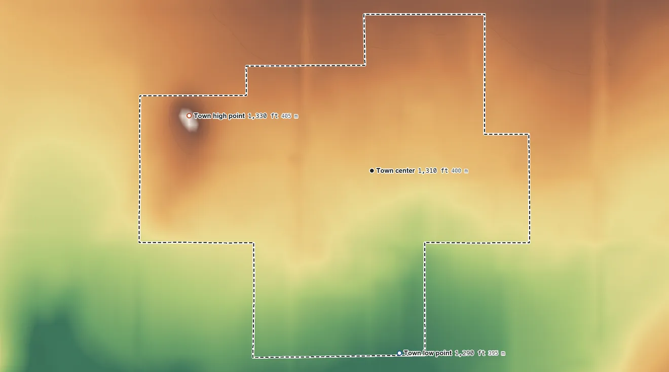 Topographic elevation map of Elmer, Oklahoma, shaded from 1,290 ft on the south side to 1,330 ft on the west side