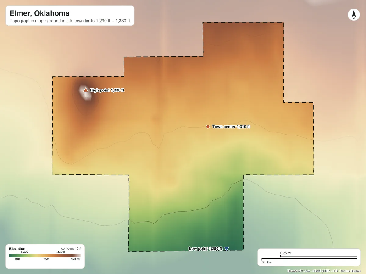 Topographic elevation map of Elmer, Oklahoma, shaded from 1,290 ft on the south side to 1,330 ft on the west side