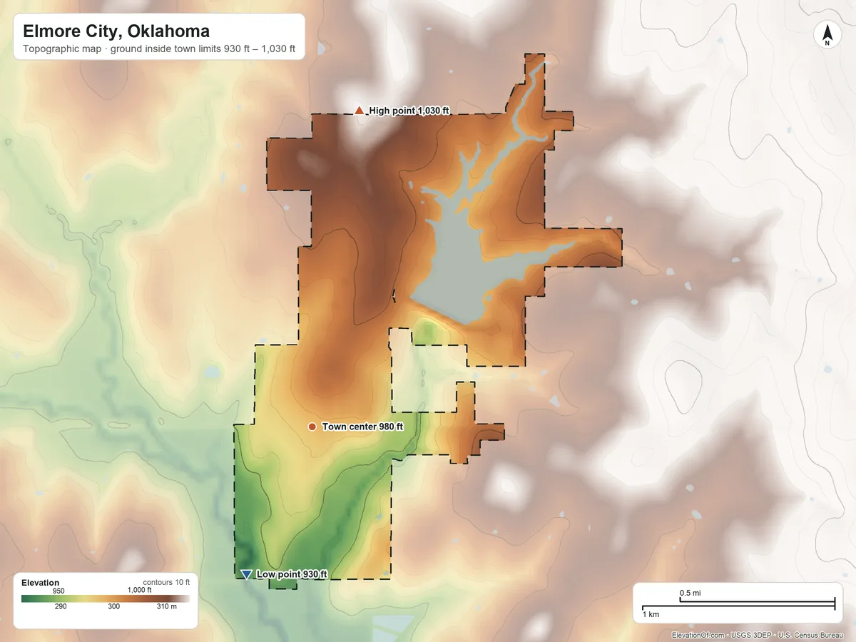 Topographic elevation map of Elmore City, Oklahoma, shaded from 930 ft on the southwest side to 1,030 ft on the north side