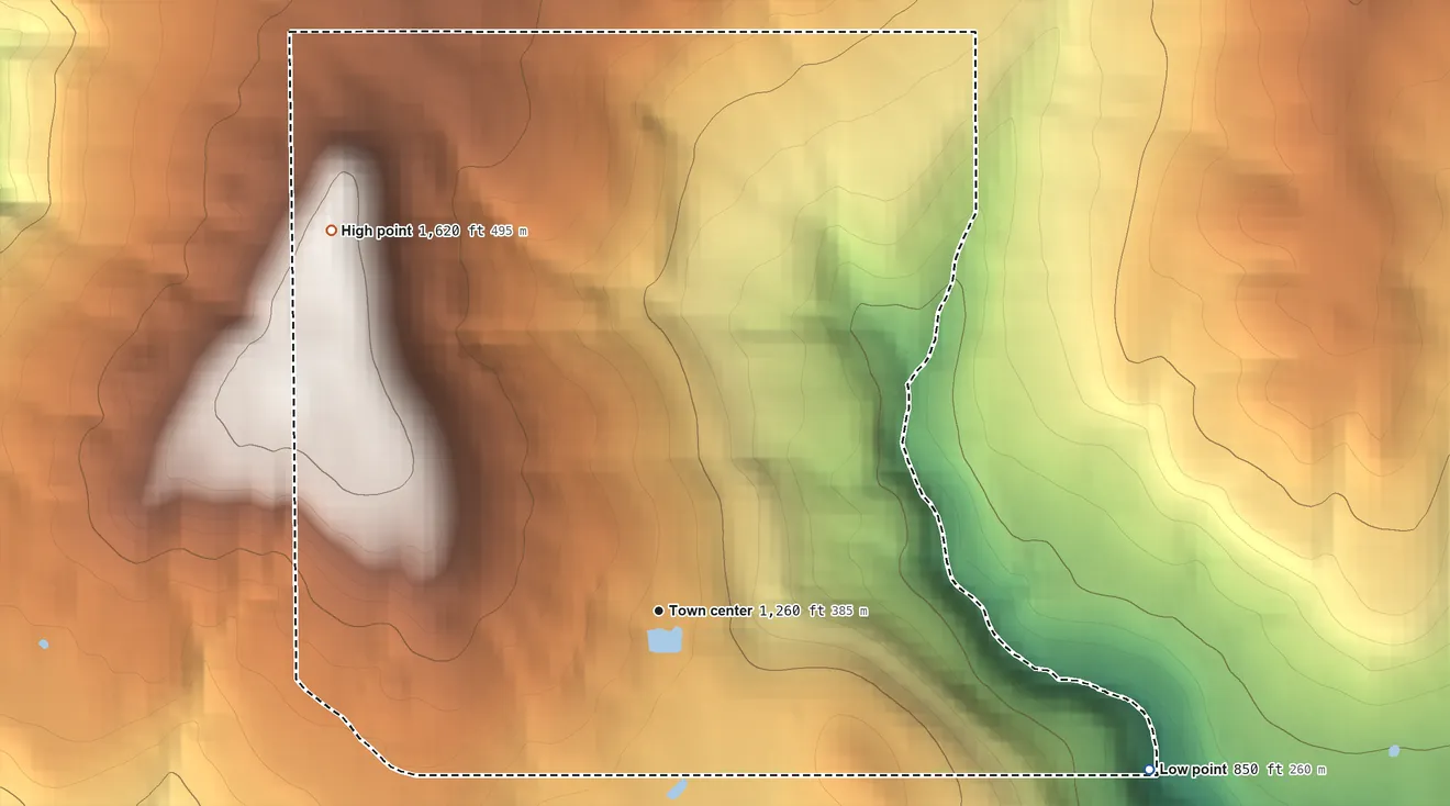 Topographic elevation map of Elohim City, Oklahoma, shaded from 850 ft on the east side to 1,620 ft on the northwest side