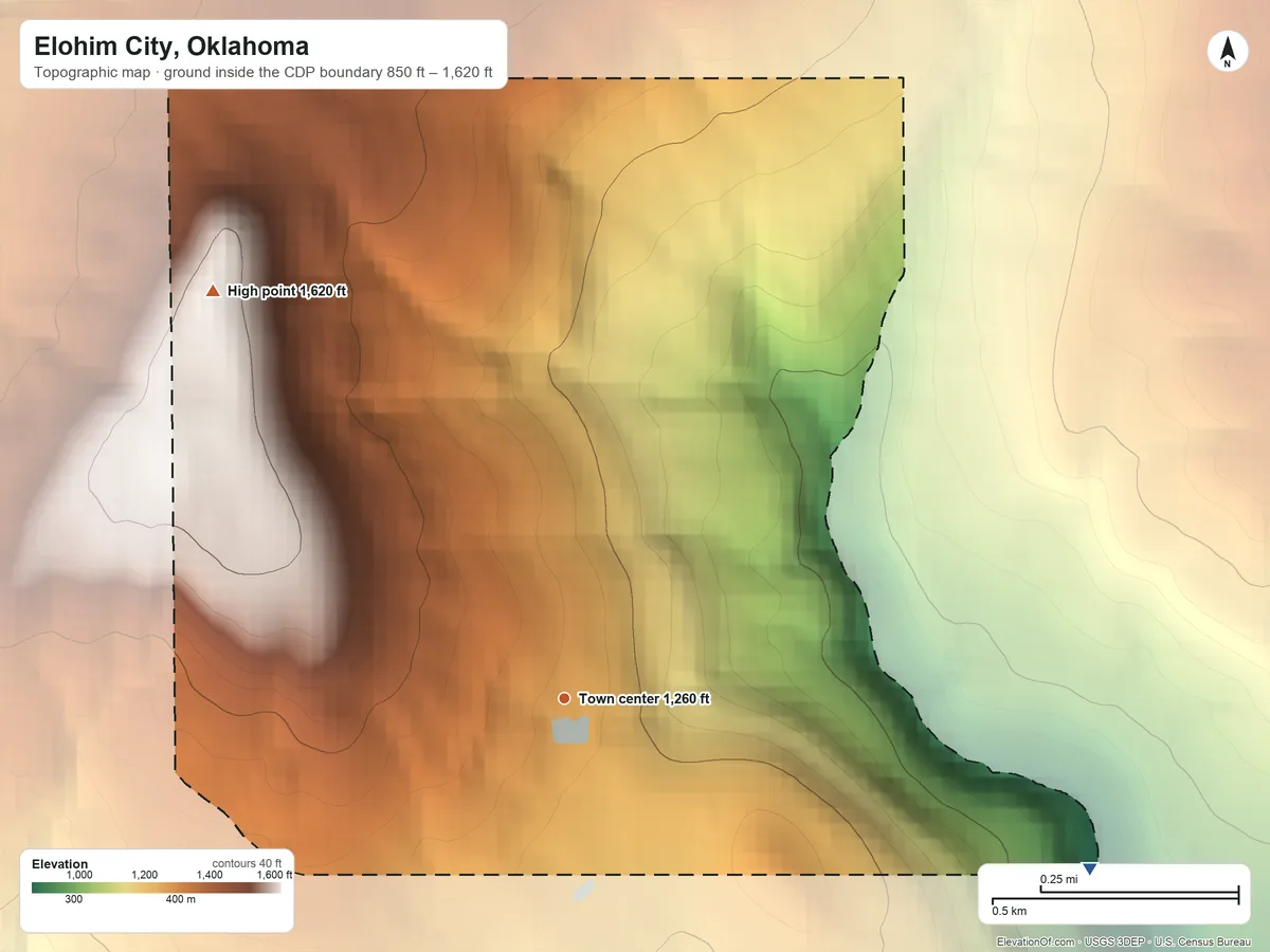 Topographic elevation map of Elohim City, Oklahoma, shaded from 850 ft on the east side to 1,620 ft on the northwest side