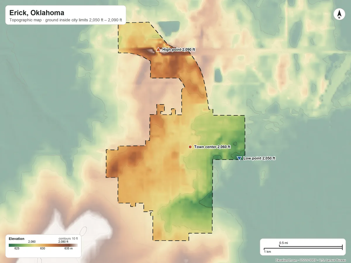 Topographic elevation map of Erick, Oklahoma, shaded from 2,050 ft on the east side to 2,090 ft on the north side
