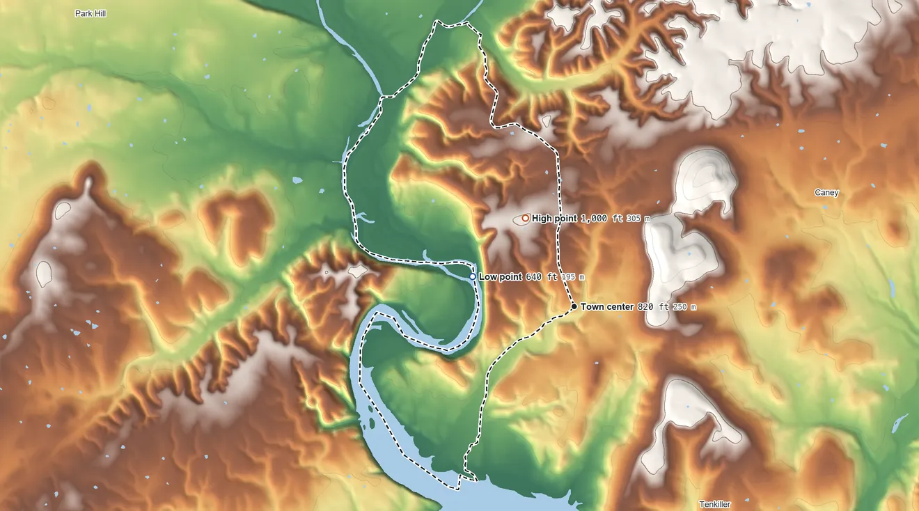 Topographic elevation map of Etta, Oklahoma, shaded from 640 ft on the west side to 1,000 ft on the northwest side