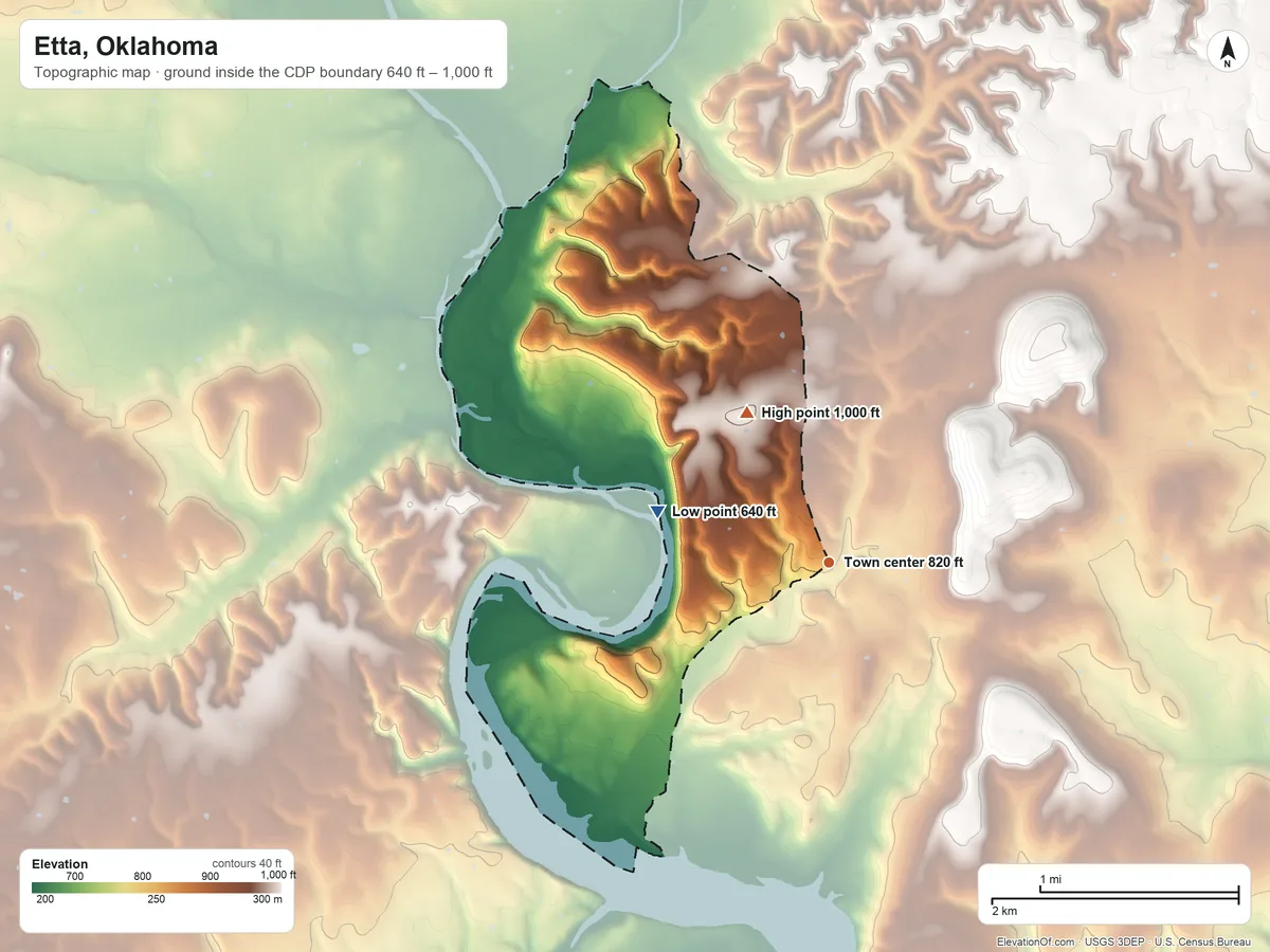 Topographic elevation map of Etta, Oklahoma, shaded from 640 ft on the west side to 1,000 ft on the northwest side