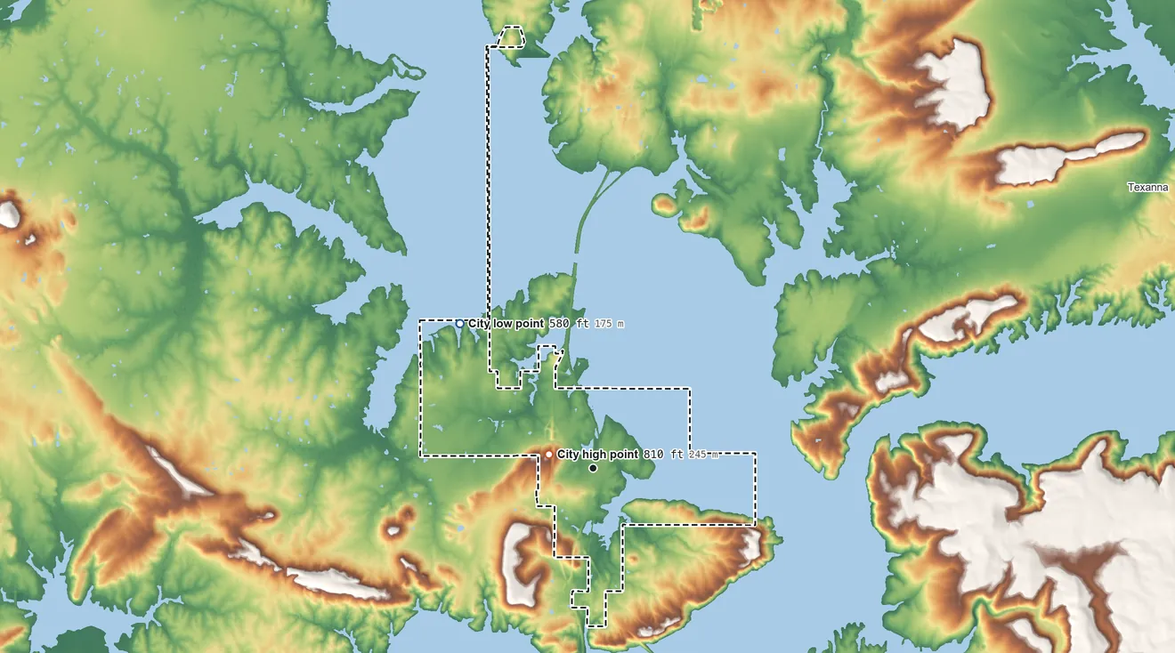 Topographic elevation map of Eufaula, Oklahoma, shaded from 580 ft on the northwest side to 810 ft near the middle