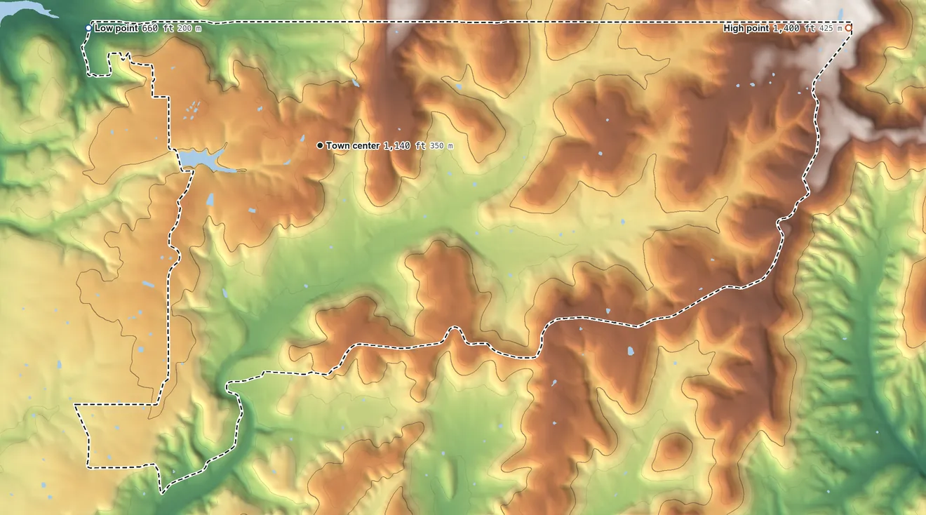 Topographic elevation map of Evening Shade, Oklahoma, shaded from 660 ft on the northwest side to 1,400 ft on the east side