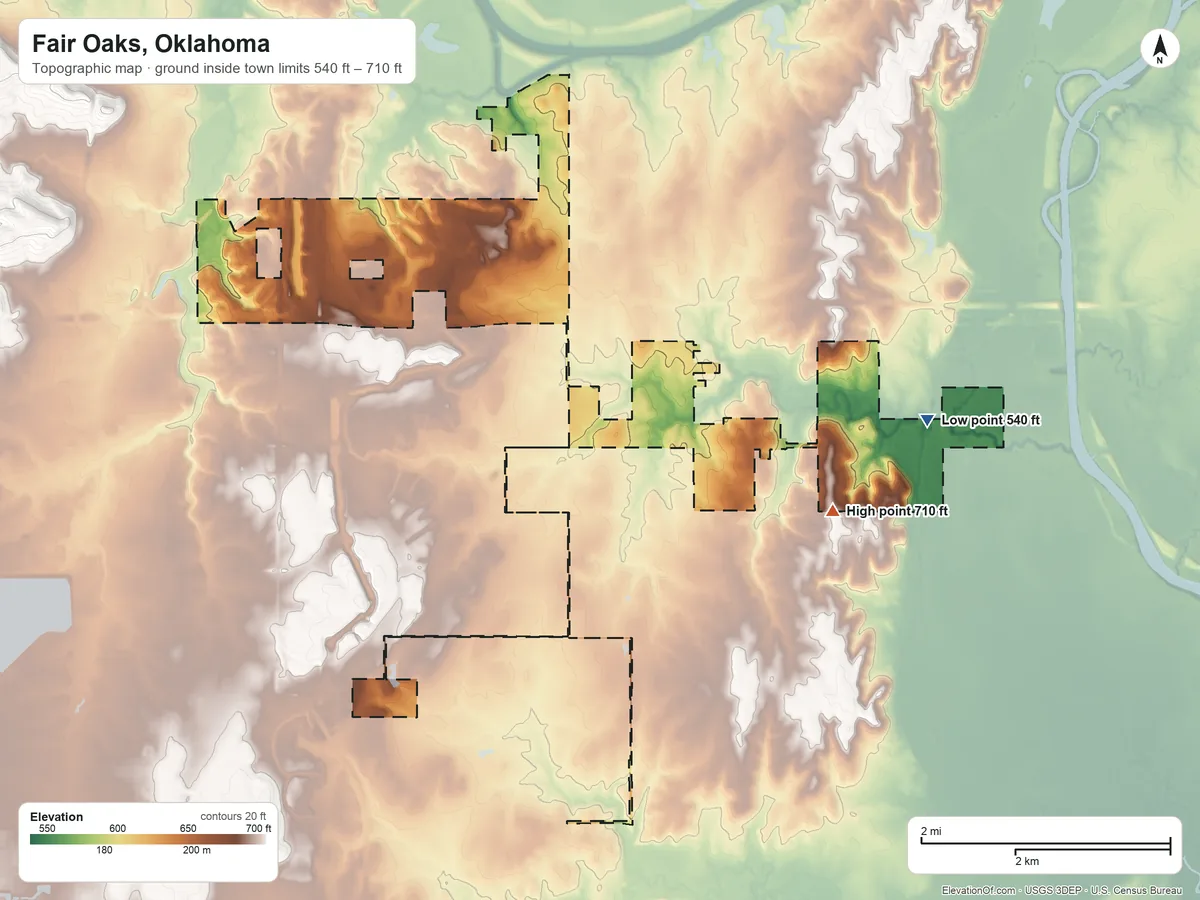 Topographic elevation map of Fair Oaks, Oklahoma, shaded from 540 ft on the east side to 710 ft near the middle