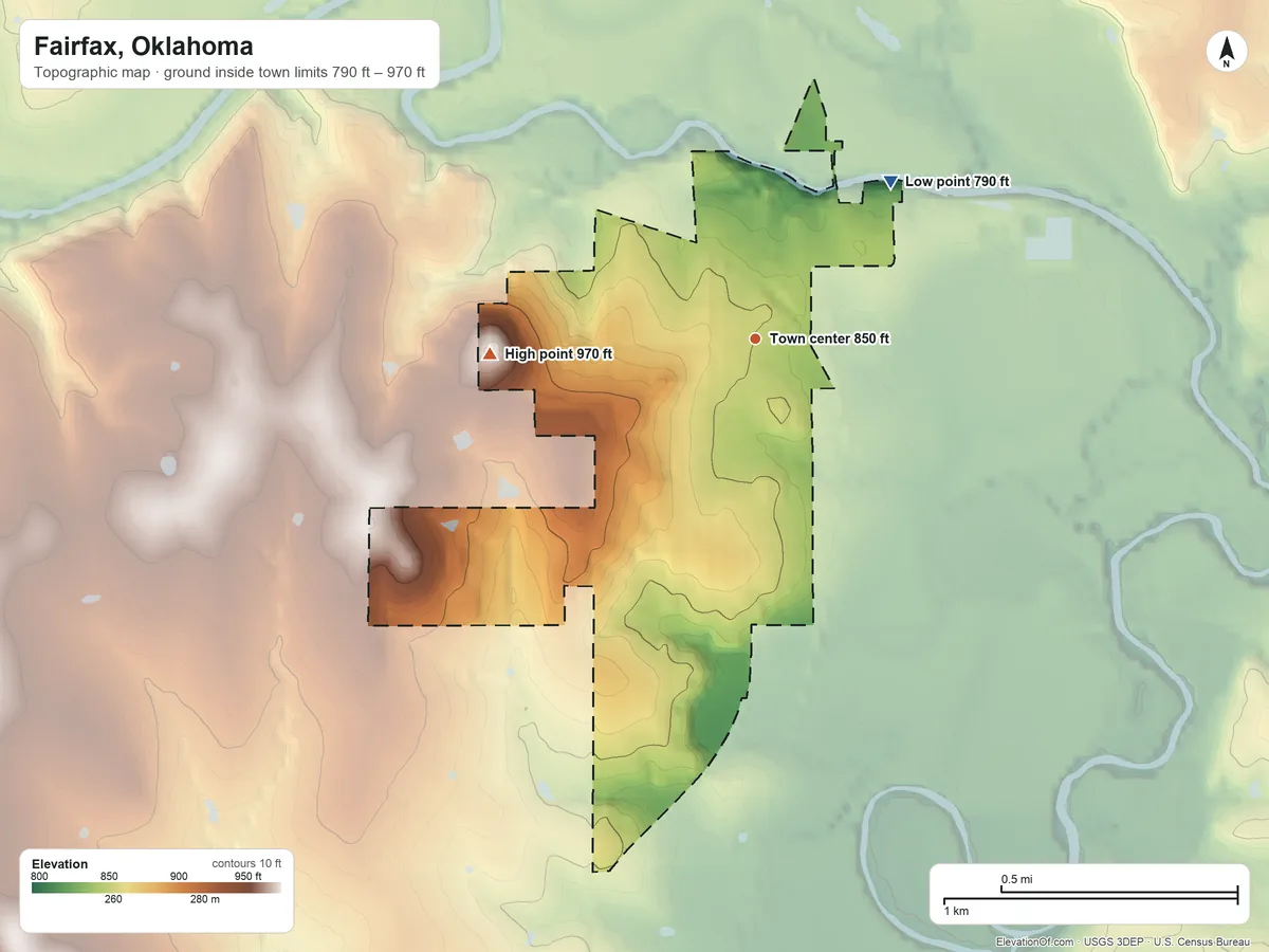 Topographic elevation map of Fairfax, Oklahoma, shaded from 790 ft on the northeast side to 970 ft on the west side