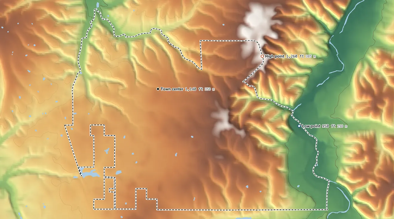Topographic elevation map of Fairfield, Oklahoma, shaded from 950 ft on the east side to 1,260 ft on the east side