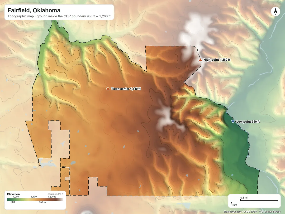 Topographic elevation map of Fairfield, Oklahoma, shaded from 950 ft on the east side to 1,260 ft on the east side