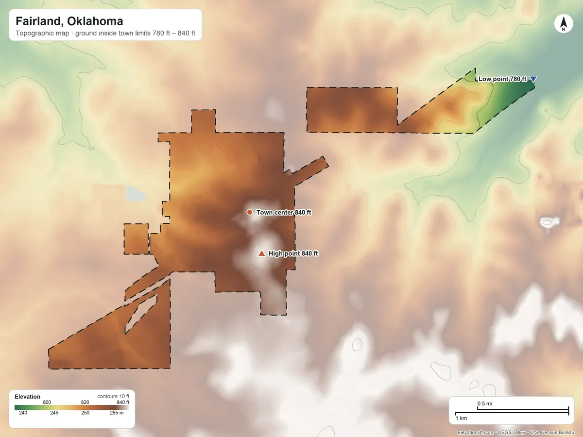 Topographic elevation map of Fairland, Oklahoma, shaded from 780 ft on the northeast side to 840 ft near the middle