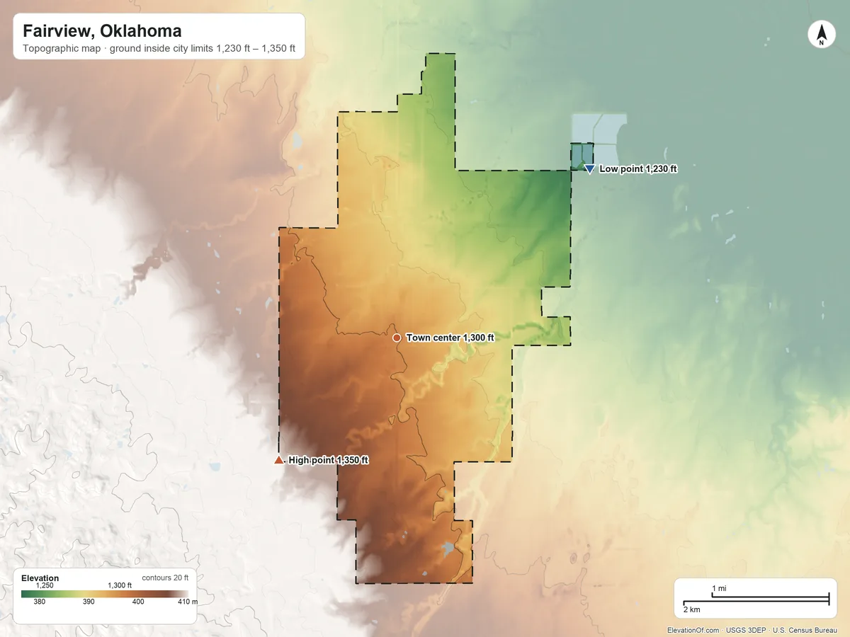 Topographic elevation map of Fairview, Oklahoma, shaded from 1,230 ft on the northeast side to 1,350 ft on the southwest side