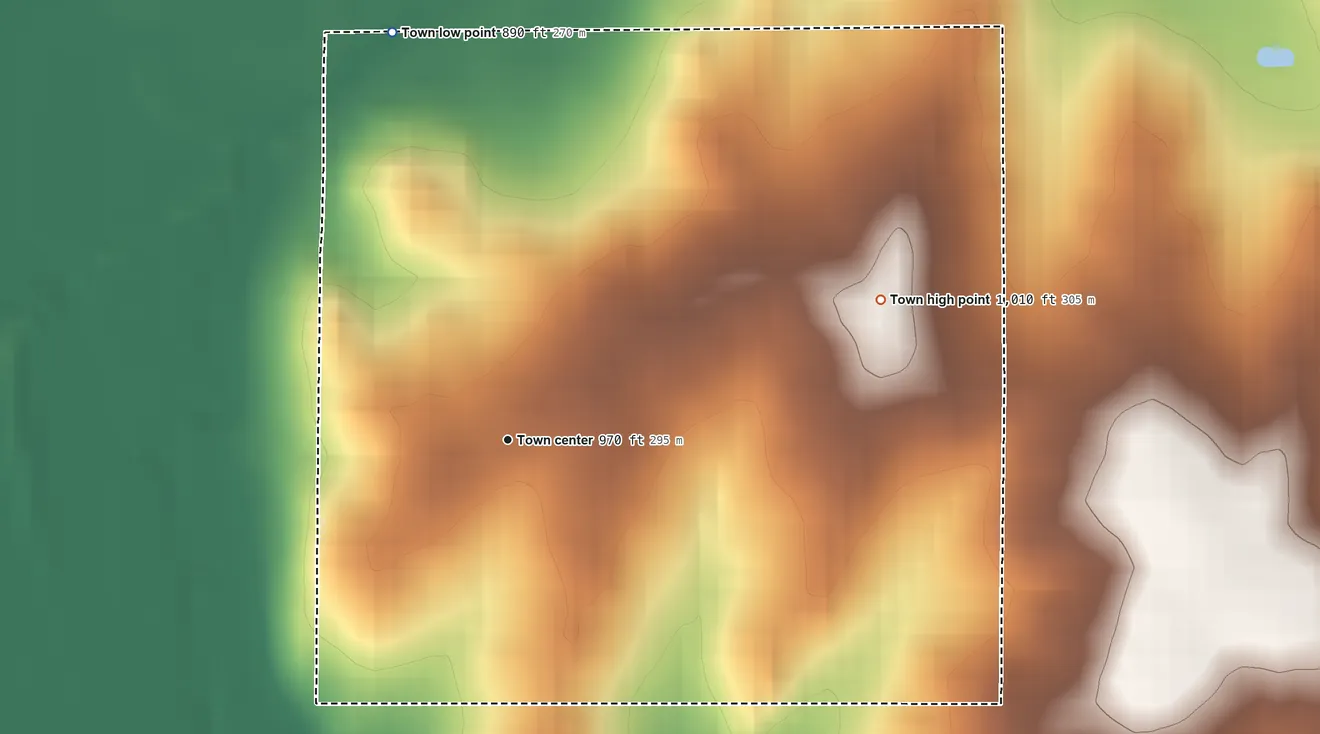 Topographic elevation map of Fallis, Oklahoma, shaded from 890 ft on the north side to 1,010 ft on the east side
