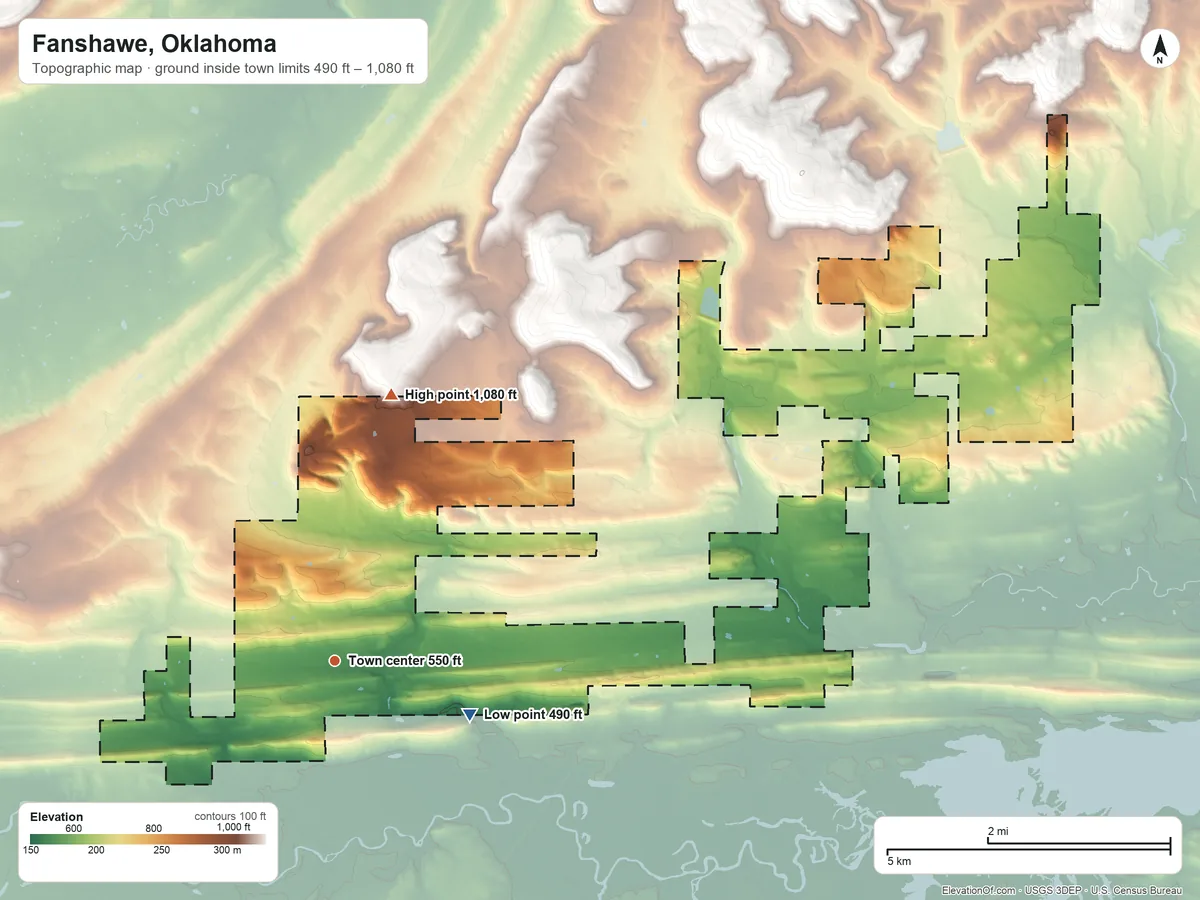 Topographic elevation map of Fanshawe, Oklahoma, shaded from 490 ft on the east side to 1,080 ft on the north side