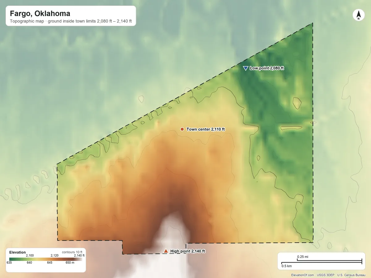 Topographic elevation map of Fargo, Oklahoma, shaded from 2,080 ft on the northeast side to 2,140 ft on the south side