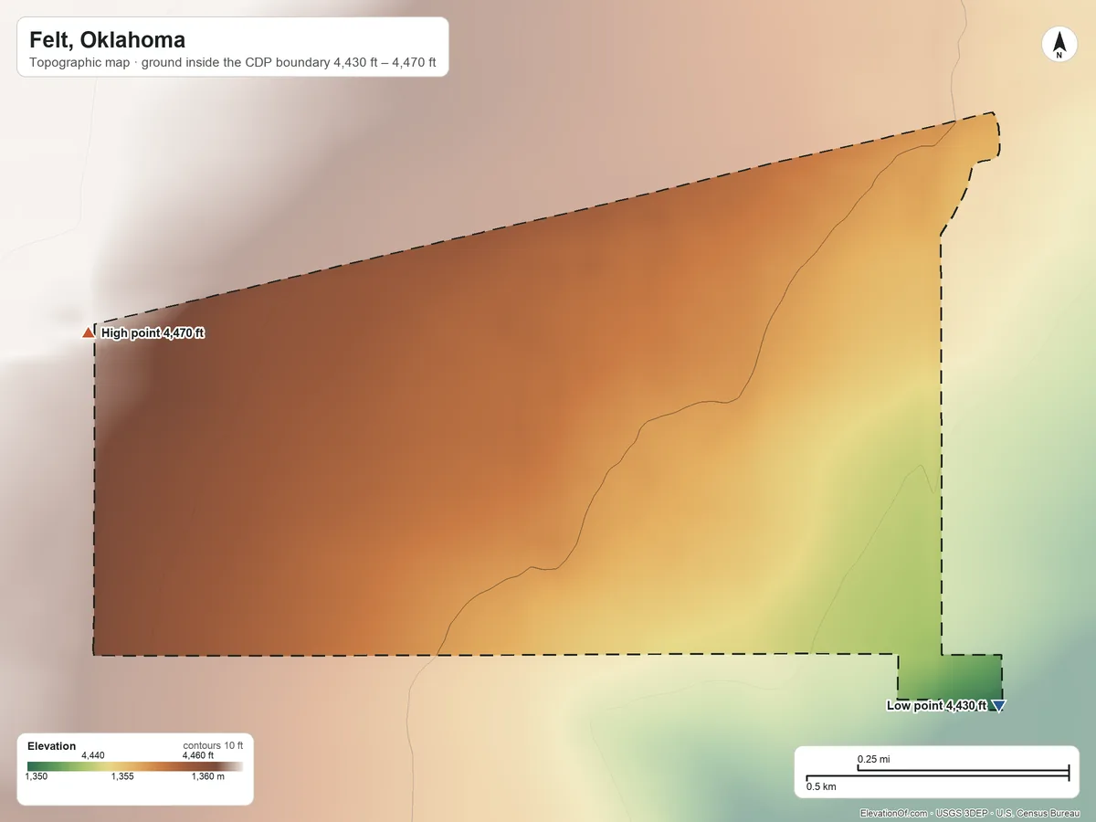 Topographic elevation map of Felt, Oklahoma, shaded from 4,430 ft on the southeast side to 4,470 ft on the west side