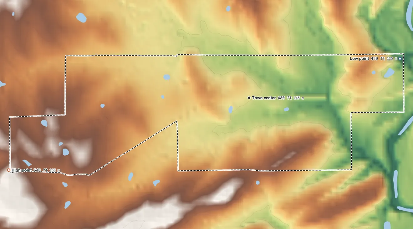 Topographic elevation map of Finley, Oklahoma, shaded from 450 ft on the east side to 540 ft on the west side
