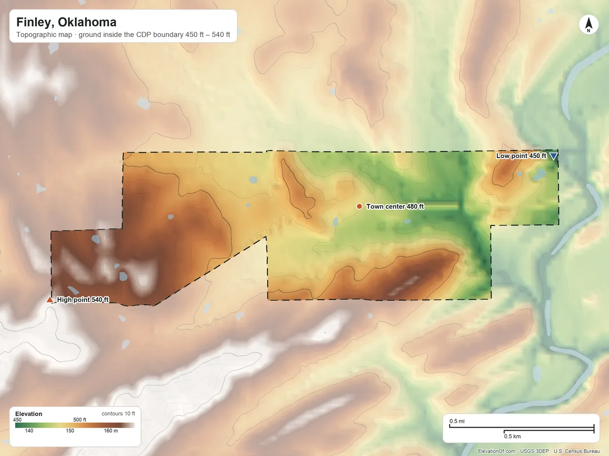 Topographic elevation map of Finley, Oklahoma, shaded from 450 ft on the east side to 540 ft on the west side
