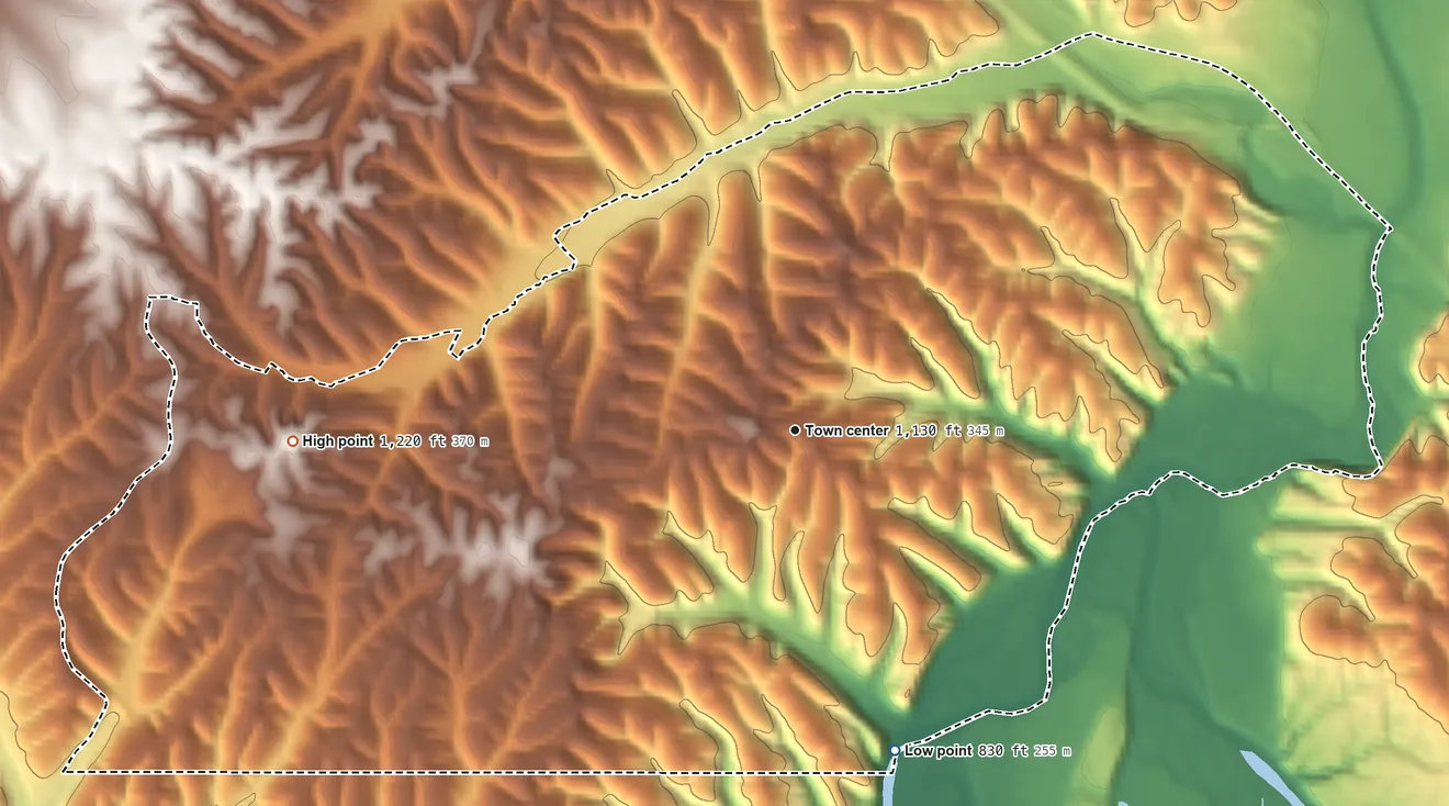 Topographic elevation map of Flint Creek, Oklahoma, shaded from 830 ft on the south side to 1,220 ft on the west side