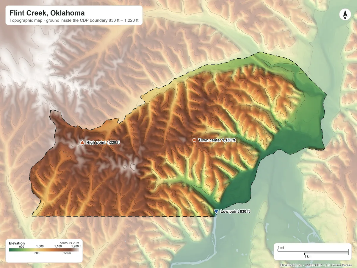 Topographic elevation map of Flint Creek, Oklahoma, shaded from 830 ft on the south side to 1,220 ft on the west side