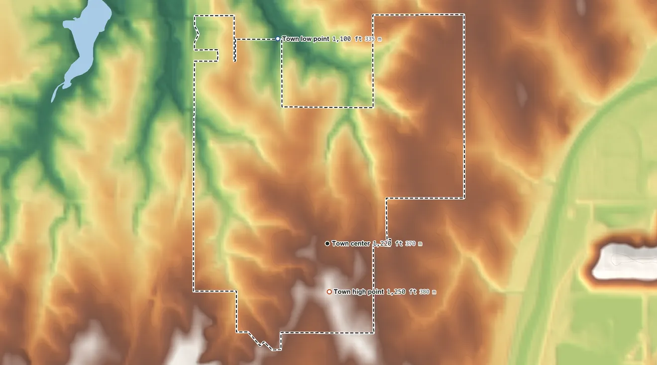 Topographic elevation map of Forest Park, Oklahoma, shaded from 1,100 ft on the north side to 1,250 ft on the south side