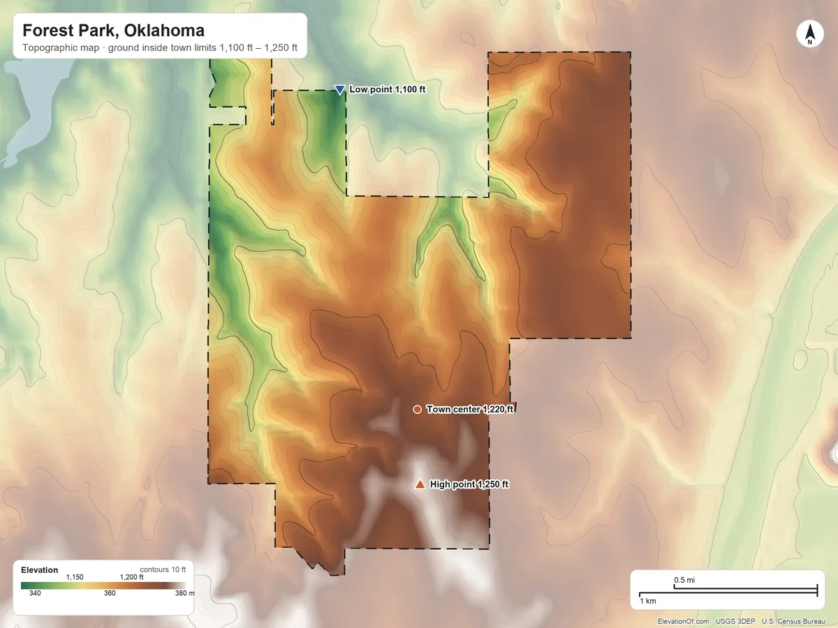 Topographic elevation map of Forest Park, Oklahoma, shaded from 1,100 ft on the north side to 1,250 ft on the south side