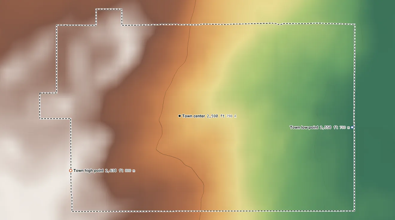 Topographic elevation map of Forgan, Oklahoma, shaded from 2,550 ft on the east side to 2,630 ft on the southwest side