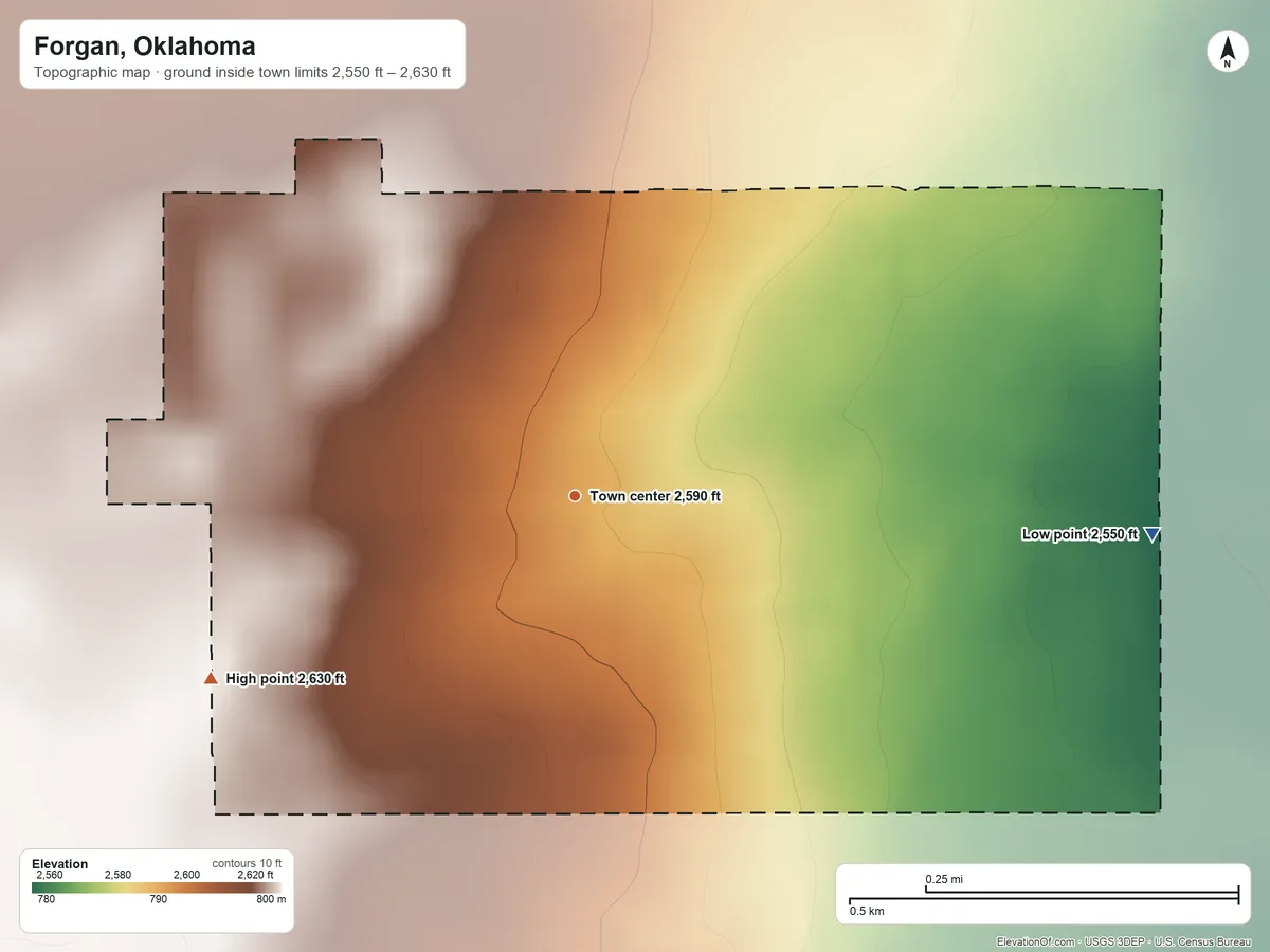 Topographic elevation map of Forgan, Oklahoma, shaded from 2,550 ft on the east side to 2,630 ft on the southwest side