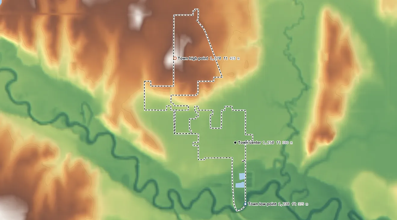 Topographic elevation map of Fort Cobb, Oklahoma, shaded from 1,230 ft on the south side to 1,370 ft on the northwest side