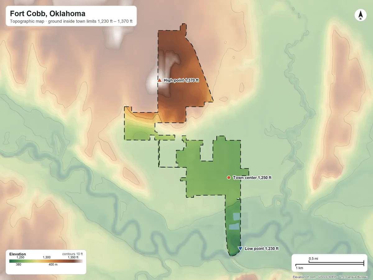 Topographic elevation map of Fort Cobb, Oklahoma, shaded from 1,230 ft on the south side to 1,370 ft on the northwest side