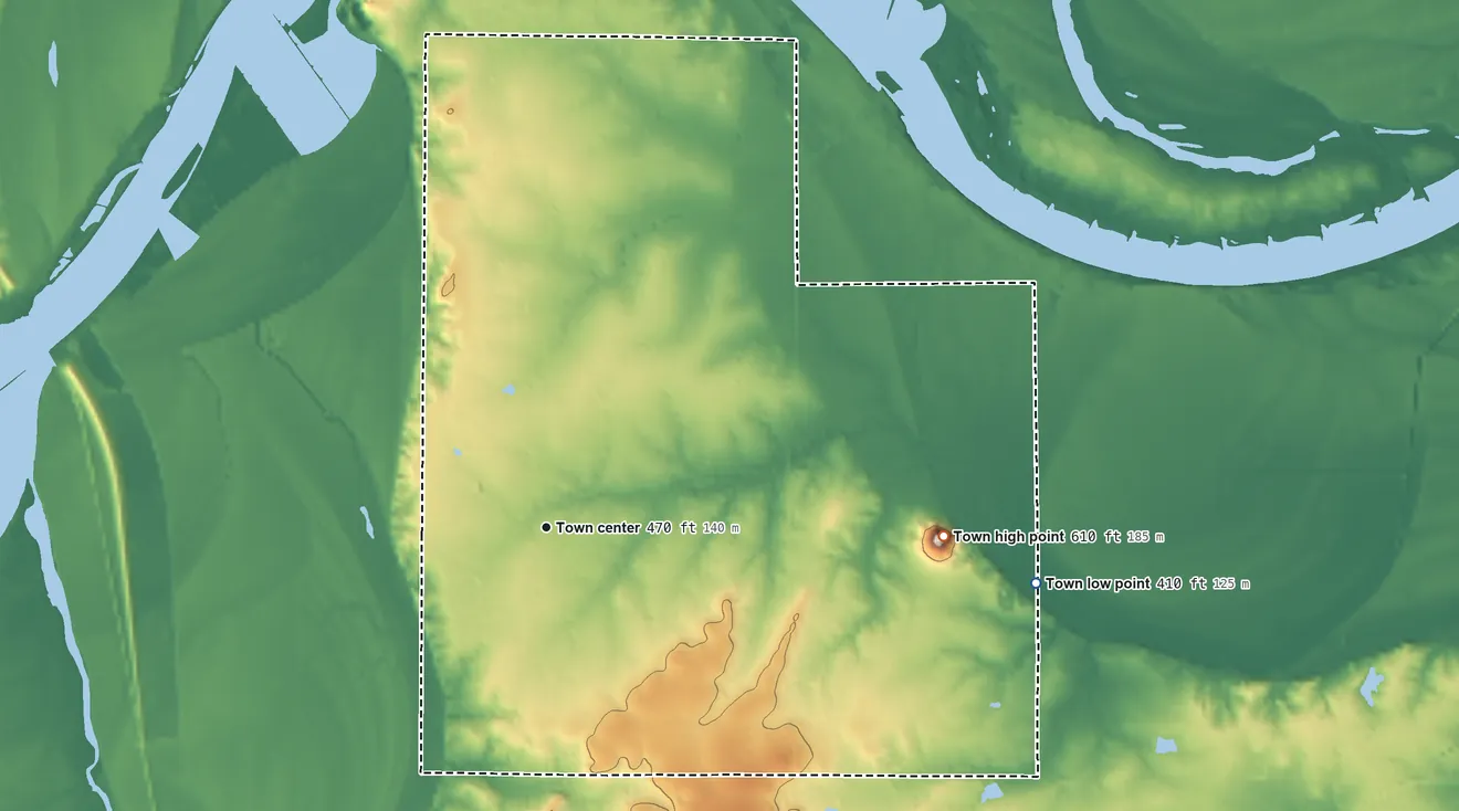 Topographic elevation map of Fort Coffee, Oklahoma, shaded from 410 ft on the east side to 610 ft on the east side